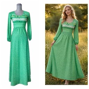 Vintage 60's/70's green floral long sleeve maxi dress, XS 🌼🍀
